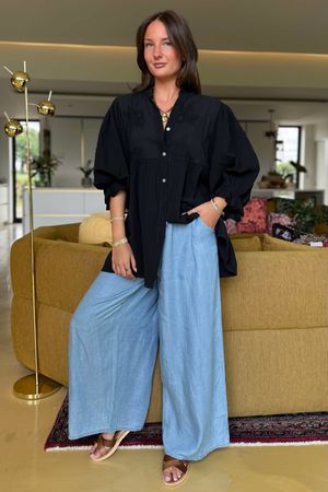 Made in Italy Paulo Pillow Cotton Puff Sleeve Shirt Black /8 =